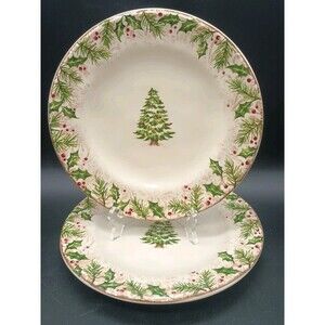 2 Pier 1 Winter Wonders Christmas Tree Salad Dessert Plate Holly & Berries 8.5”